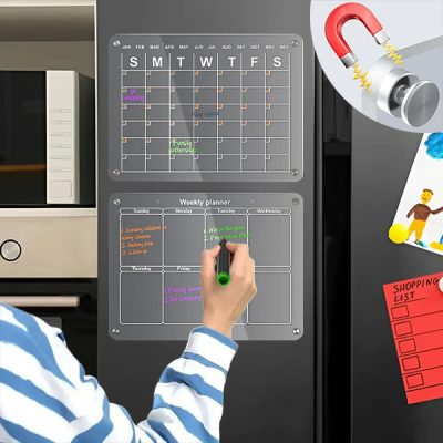 Set calendar frigider din acril - Planificator lunar + săptămânal (fiecare 40 x 30 cm), 4 magneți, ștergere uscată, markere incluse | REUSABLEPLAN